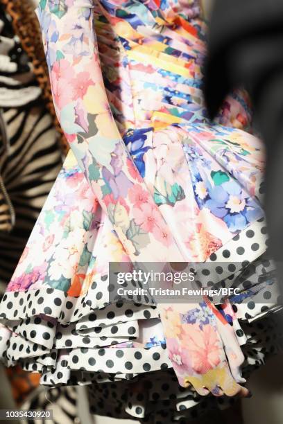 Clothing details backstage ahead of the Richard Quinn show during London Fashion Week September 2018 on September 18, 2018 in London, England.