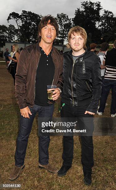 Musicians Gem Archer and Chris Edwards pose for a photograph in the official VIP backstage area hosted by Mahiki during Day Two of V Festival 2010 on...