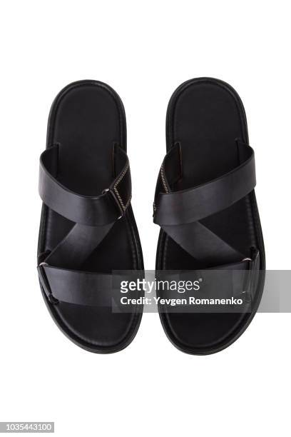 black leather mens sandals shoes isolated on white background - sandales photos et images de collection