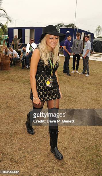 Pixie Lott poses for a photograph in the official VIP backstage area hosted by Mahiki during Day Two of V Festival 2010 on August 22, 2010 in...