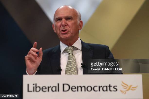 Britain's leader of the Liberal Democrats, Vince Cable delivers his Keynote Speech at the party's annual conference in Brighton, southern England, on...