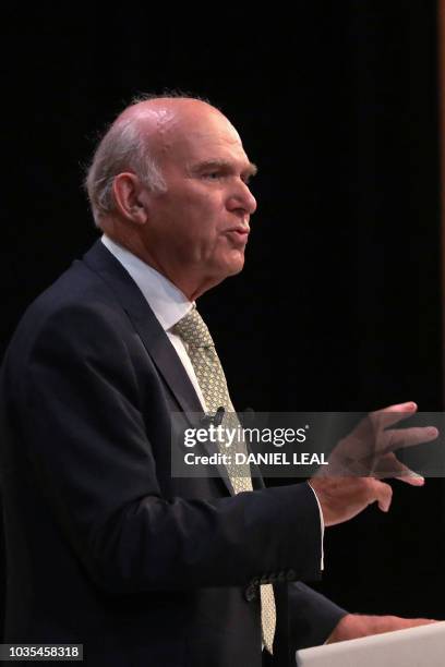 Britain's leader of the Liberal Democrats, Vince Cable delivers his Keynote Speech at the party's annual conference in Brighton, southern England, on...