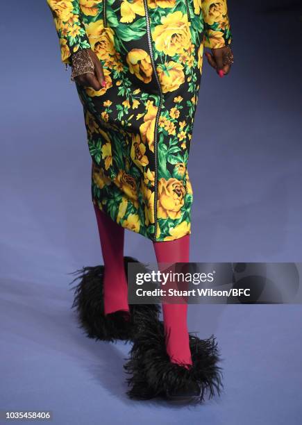 Model, detail, walks the runway at the Richard Quinn show during London Fashion Week September 2018 on September 18, 2018 in London, England.