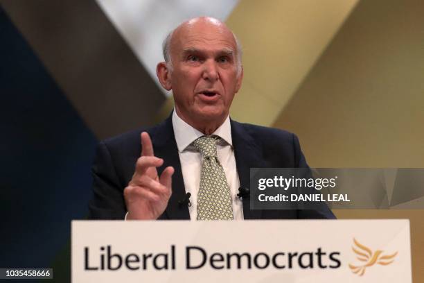 Britain's leader of the Liberal Democrats, Vince Cable delivers his Keynote Speech at the party's annual conference in Brighton, southern England, on...