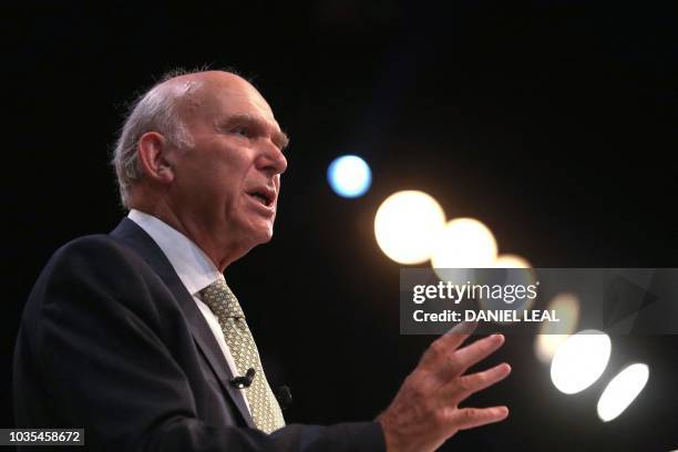 Britain's leader of the Liberal Democrats, Vince Cable delivers his Keynote Speech at the party's annual conference in Brighton, southern England, on...