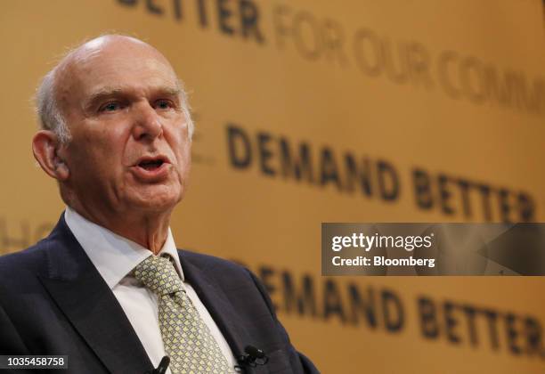 Vince Cable, leader of the U.K.'s Liberal Democrat Party, delivers his keynote speech at the party's annual conference in Brighton, U.K., on Tuesday,...