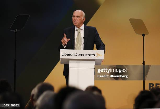 Vince Cable, leader of the U.K.'s Liberal Democrat Party, delivers his keynote speech at the party's annual conference in Brighton, U.K., on Tuesday,...