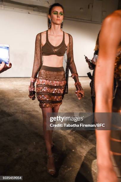 Model walks the runway at the Mark Fast DiscoveryLAB during London Fashion Week September 2018 at the BFC Designer Showrooms on September 18, 2018 in...