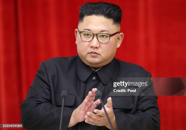 North Korea's leader Kim Jong Un speaks during a welcoming dinner on September 18, 2018 in Pyongyang, North Korea. North Korean leader Kim and South...