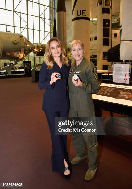 Brie Larson and Brigadier General Jeannie M. Leavitt attend Marvel Studios' "CAPTAIN MARVEL" Teaser Trailer Launch at National Air & Space Museum on...