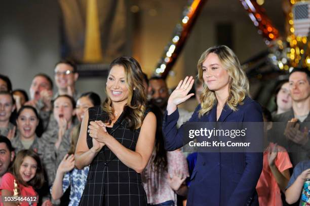 Host Ginger Zee and Brie Larson gather with fans and military personnel at Marvel Studios' "CAPTAIN MARVEL" Teaser Trailer Launch at National Air &...