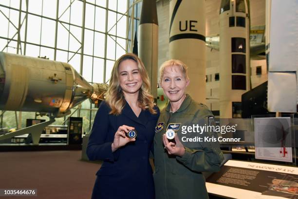 Brie Larson and Brigadier General Jeannie M. Leavitt attend Marvel Studios' "CAPTAIN MARVEL" Teaser Trailer Launch at National Air & Space Museum on...