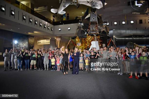 Host Ginger Zee and Brie Larson gather with fans and military personnel at Marvel Studios' "CAPTAIN MARVEL" Teaser Trailer Launch at National Air &...