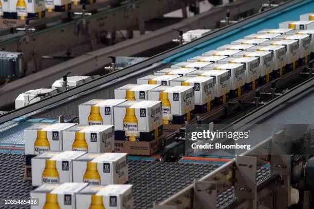 Boxes of Grupo Modelo SAB Corona brand beer move along a conveyor belt at the Cerveceria Yucateca Anheuser-Busch InBev SA facility in Merida, Mexico,...