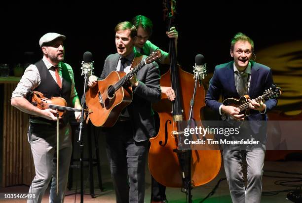 Gabe Witcher, Chris Eldridge, Paul Kowert, and Chris Thile of Punch Brothers perform at Red Rocks Amphitheatre on September 17, 2018 in Morrison,...