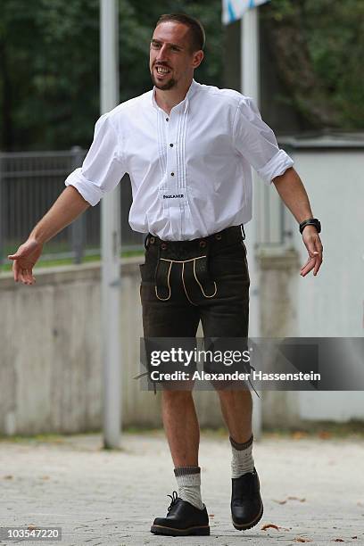 Franck Ribery of Bayern Muenchen arrives for the Paulaner photocall at the Nockerberg Biergarden on August 23, 2010 in Munich, Germany.