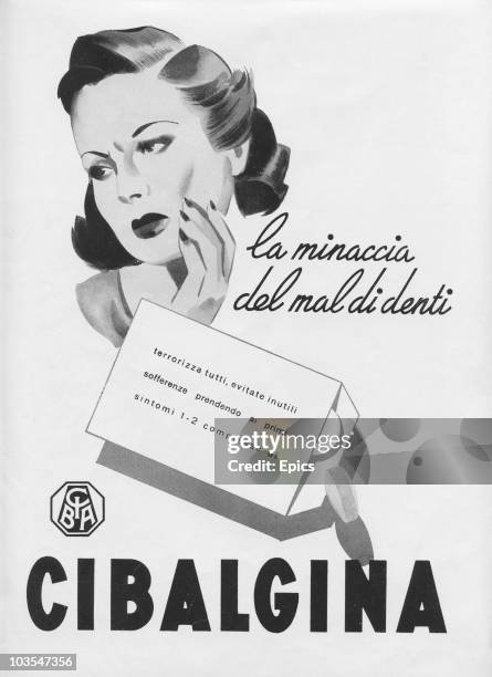 An advert for Italian painkillers Cibalgina which can be used to combat toothache. The advert depicts a lady feeling her a painful jaw and the advert...