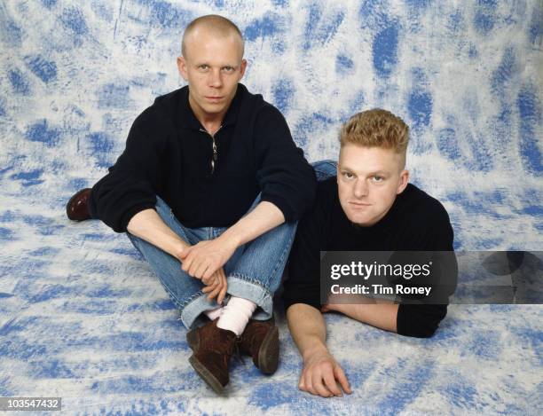 English pop duo Erasure, circa 1990. They are keyboard player Vince Clarke and singer Andy Bell .