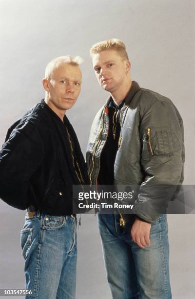 English pop duo Erasure, circa 1990. They are keyboard player Vince Clarke and singer Andy Bell .