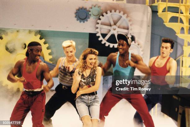 Australian pop star Kylie Minogue appears on TV's 'Going Live!', 1989.