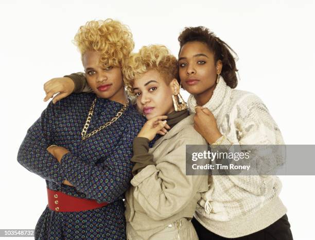 American hip-hop trio Salt-n-Pepa, circa 1987. They are Cheryl 'Salt' James, Sandra 'Pepa' Denton and DJ Spinderella.