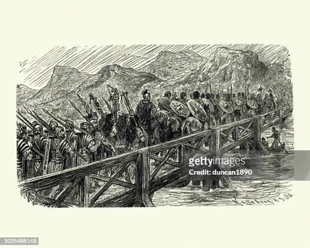 ilustrações, clipart, desenhos animados e ícones de soldados do exército romano antigo, atravessar uma ponte - romano