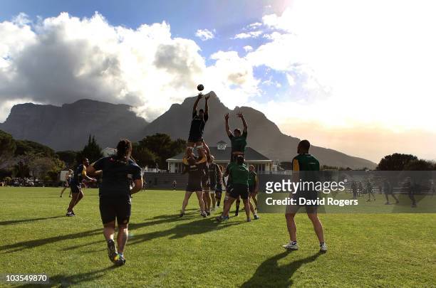 Nathan Sharpe catching the ball in the lineout during an Australian Wallabies training session Bishops High School on August 23, 2010 in Cape Town,...