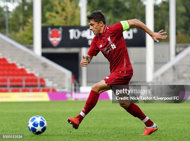 Adam Lewis of Liverpool in action during the UEFA Youth League game between Liverpool and Paris Saint-Germain at Langtree Park on September 18, 2018...