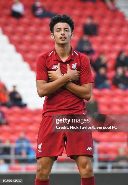 Curtis Jones of Liverpool celebrates his goal during the UEFA Youth League game between Liverpool and Paris Saint-Germain at Langtree Park on...