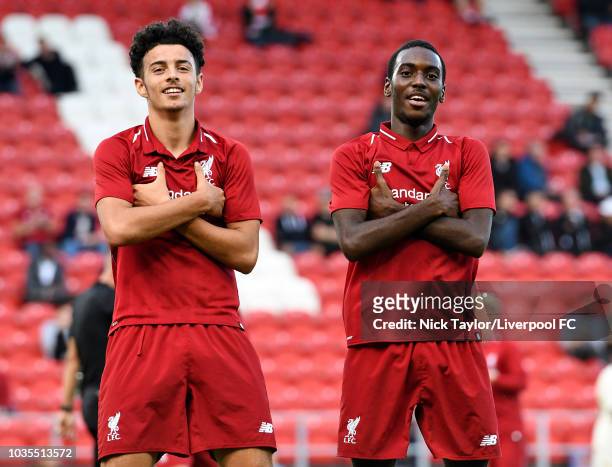 Rafael Camacho of Liverpool celebrates scoring his second goal of the game with Curtis Jones during the UEFA Youth League game between Liverpool and...