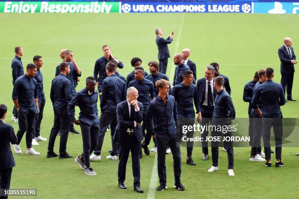 Juventus' players walk around the Mestalla stadium in Valencia on September 18, 2018 on the eve of the UEFA Champions League football match between...