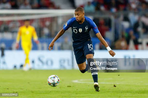 Kylian Mbappe of France controls the ball during the UEFA Nations League group A match between Germany and France at Allianz Arena on September 6,...