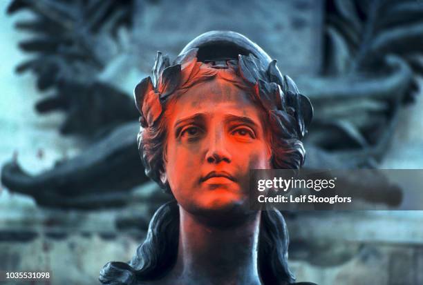 Close-up of the spray-painted face of an unspecified saint statue at the Metropolitan Cathedral of the Holy Savior, San Salvador, El Salvador, July...