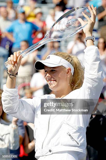 Caroline Wozniacki of Denmark celebrates her win over Vera Zvonareva of Russia during the final of the Rogers Cup at Stade Uniprix on August 23, 2010...