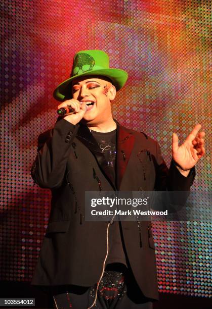 Boy George performs on stage during the second day of 80's Rewind Festival at Temple Island Meadows on August 21, 2010 in Henley-on-Thames, England.