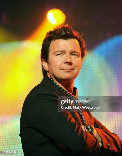 Rick Astley performs on stage during the second day of 80's Rewind Festival at Temple Island Meadows on August 21, 2010 in Henley-on-Thames, England.
