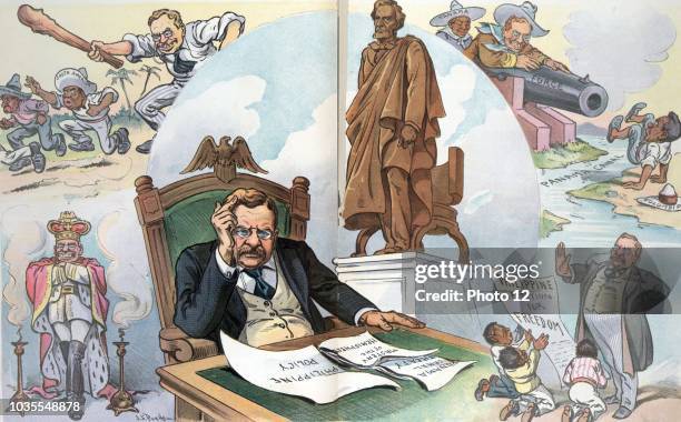 What would Lincoln do?' President Theodore Roosevelt sitting at a desk pondering the Philippine and Central American issues, papers on his desk...