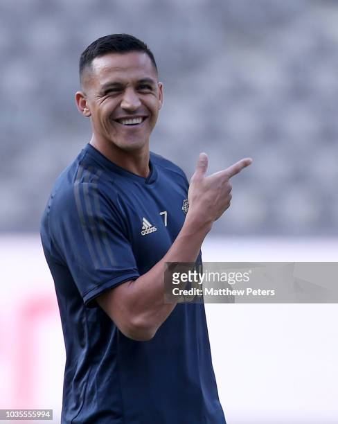Alexis Sanchez of Manchester United in action during a training session at Stade de Suisse on September 18, 2018 in Bern, Switzerland.