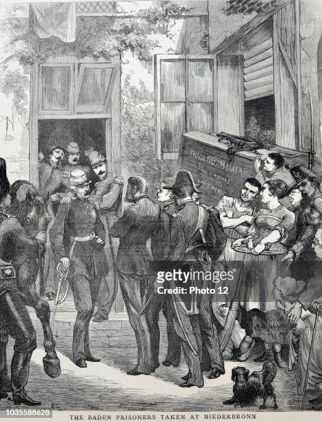Engraving depicts the Baden prisoners taken at Niederbronn. Niederbronn-les-Bains is a commune in the Bas-Rhin department in Alsace in north-eastern...