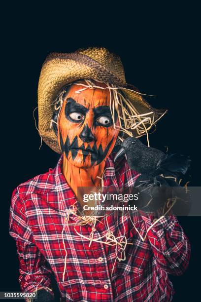 griezelig jack o'lantern scarecrow met crow - scarecrow faces stockfoto's en -beelden