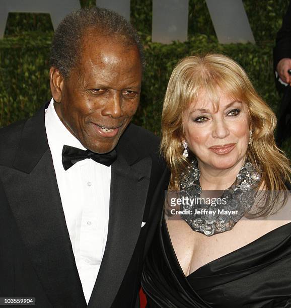 Actor Sidney Poitier and wife Joanna Shimkus arrive at the 2009 Vanity Fair Oscar Party Hosted By Graydon Carter at the Sunset Tower on February 22,...