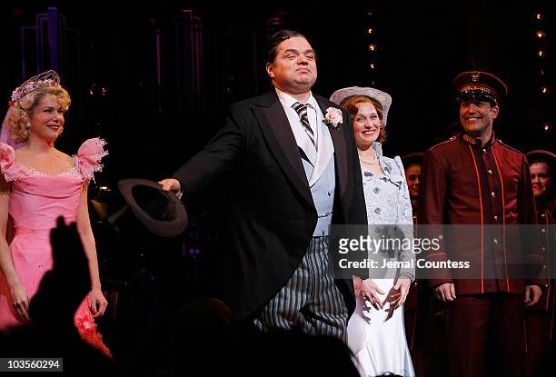 Actors Lauren Graham, Oliver Platt, Kate Jennings Grant and Craig Bierko take a bow during curatin call at the opening night of "Guys & Dolls" on...