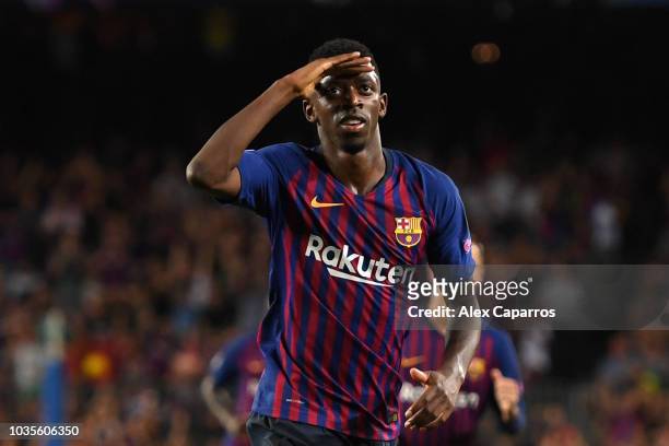 Ousmane Dembele of Barcelona celebrates after scoring his team's second goal during the Group B match of the UEFA Champions League between FC...