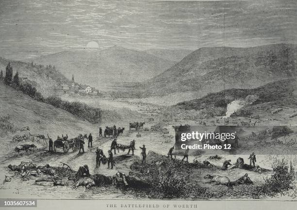 Engraving depicting the Battle of Woerth. Prussian troops were commanded by Frederick Wilhelm Nikolaus Karl III of Prussia and directed by his Chief...