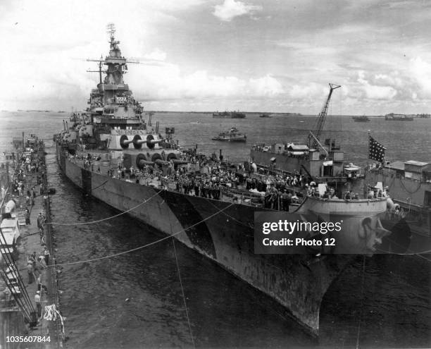 Photograph of the USS Iowa in floating dock, Admiralty Islands. Dated 1944.