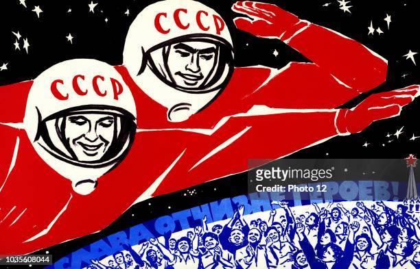 Soviet space propaganda poster. The Space Race was a 20th-century competition between two Cold War rivals, the Soviet Union and the United States ,...