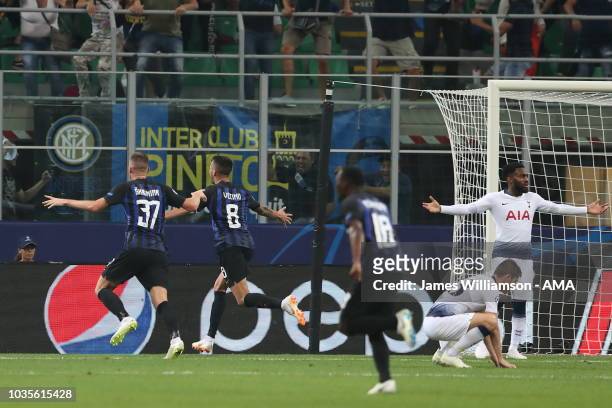 Matias Vecino of FC Internazionale celebrates after scoring a goal to make it 2-1 during the Group B match of the UEFA Champions League between FC...