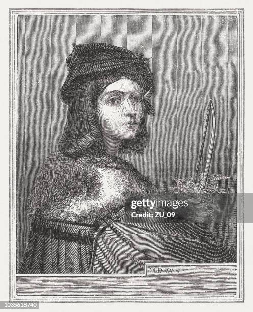 violinist, painted (1518) by sebastiano del piombo, woodcut, published 1876 - boy violin stock illustrations