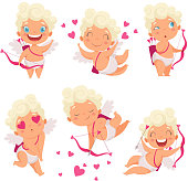 Cupid angels characters. Amur hunter baby eros greece romantic cute children with bow vector mascot poses