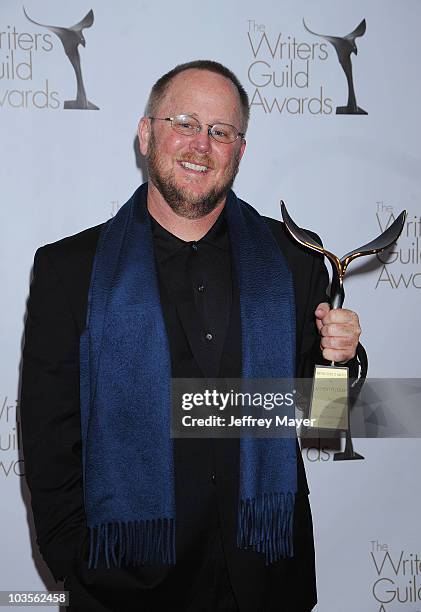 Writer Anthony Peckham poses in the press room at the 2010 Writers Guild Awards held at Hyatt Regency Century Plaza Hotel on February 20, 2010 in Los...